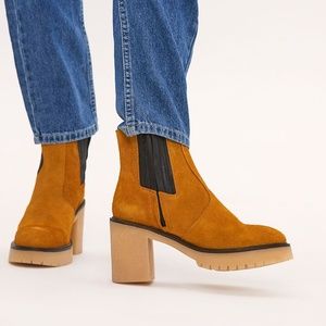 Block heel mustard suede booties